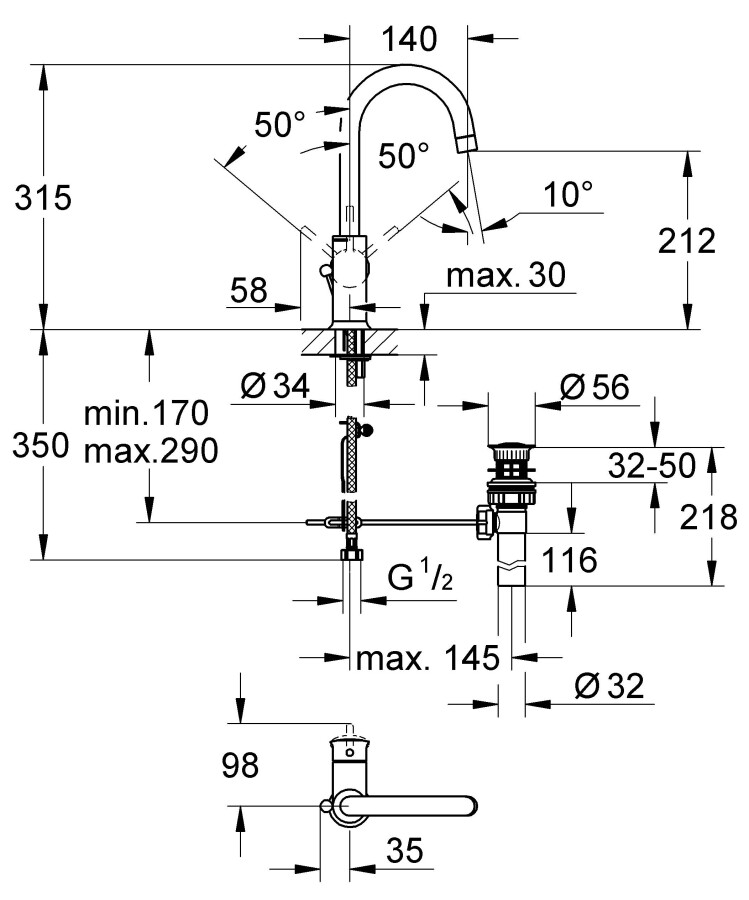 Grohe BauClassic DN 15 23095000 смеситель для раковины 28 мм
