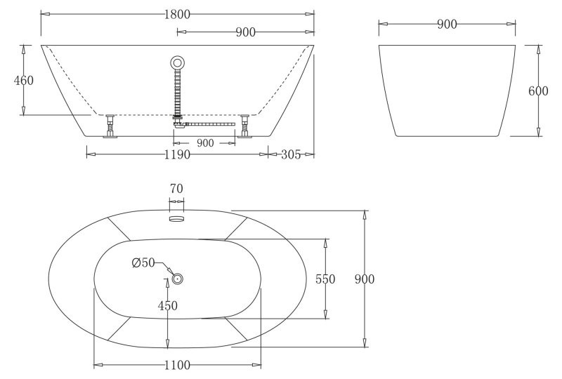 BelBagno BB68-1800 180*90 ванна акриловая овальная