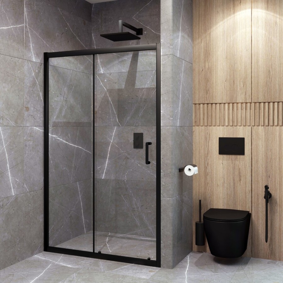 EG1B Душевое ограждение в проем EvaGold 110х190, профиль черный матовый, прозрачное стекло EG220021