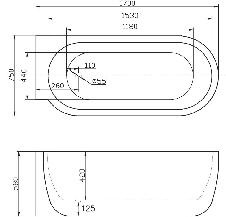 BelBagno BB11-1700L 170*75 ванна акриловая овальная