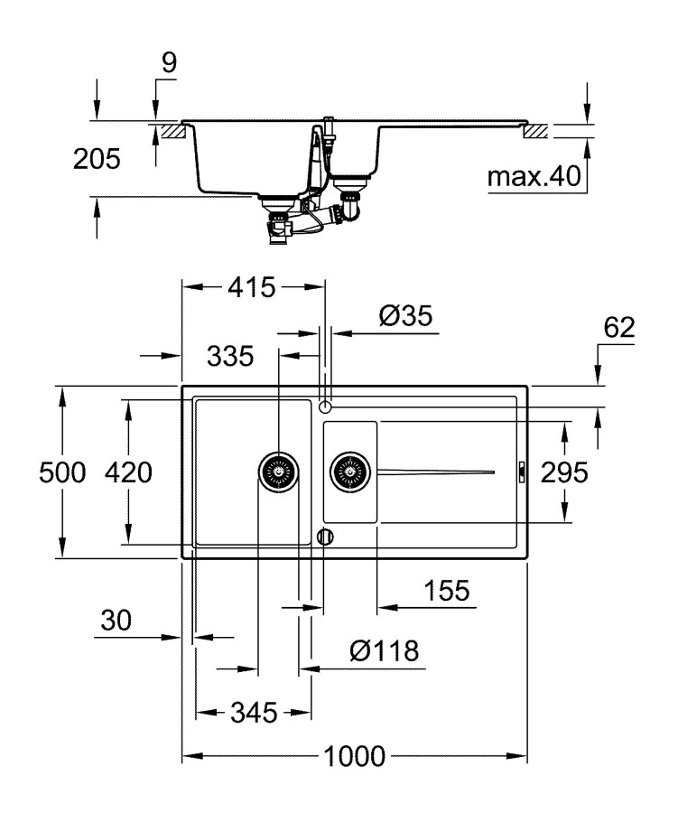 Grohe K400 100*50 31642AT0 мойка кухонная серый гранит