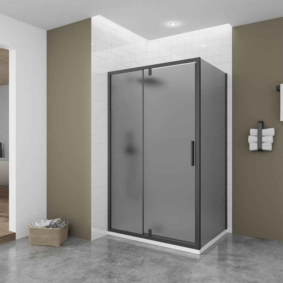 Душевой угол Veconi Ottimo P20 B-SP (120×100×190) распашная, профиль чёрный матовый, стекло тонированное матовое OP20B-SP-120100-12-C9