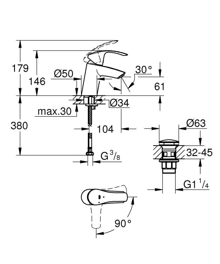 Grohe Eurosmart New 23924002 смеситель для раковины 35 мм
