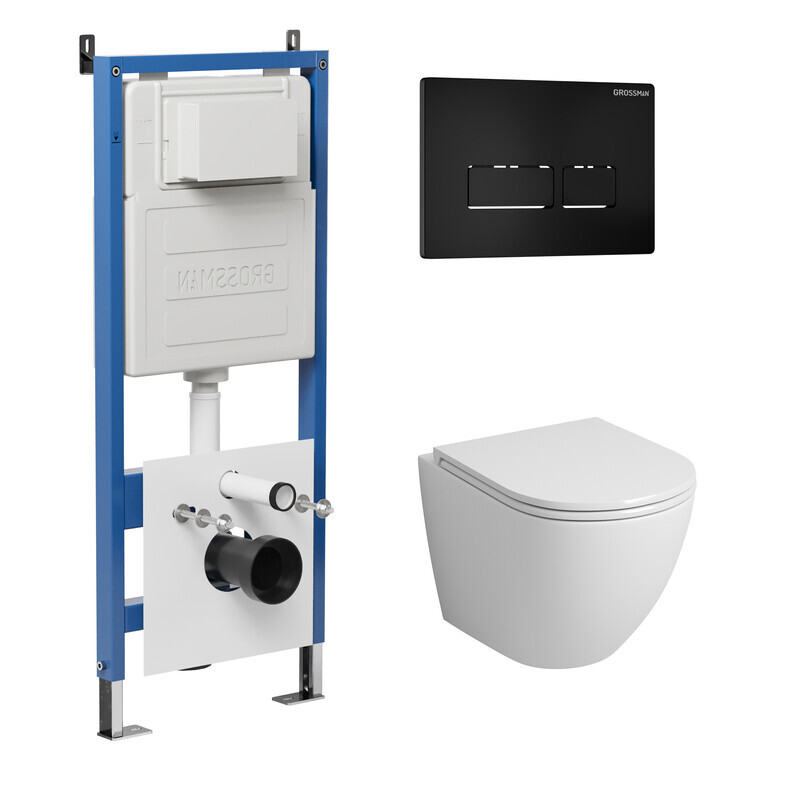 Комплект 3 в 1: Grossman инсталляция 900.K31.01.000+клавиша 700.K31.03.210.210 черный матовый+унитаз GR-4455SQ, 3 места 97.4455SQ.03.210