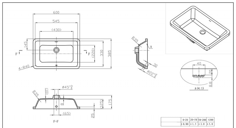 Bravat C22171W-ENG раковина встраиваемая 600*385*160 мм