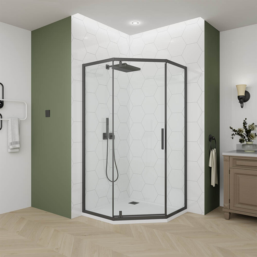 Душевой угол Veconi Ottimo P10 B (100×100×190) распашная, профиль чёрный матовый, стекло прозрачное OP10B‑10100‑01‑C9