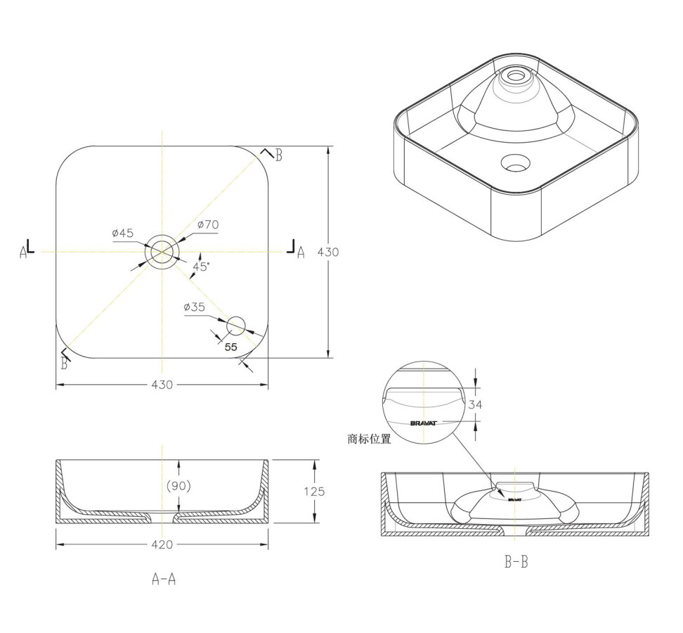 Bravat Source C22238W-1-ENG раковина накладная 430*430*125 мм