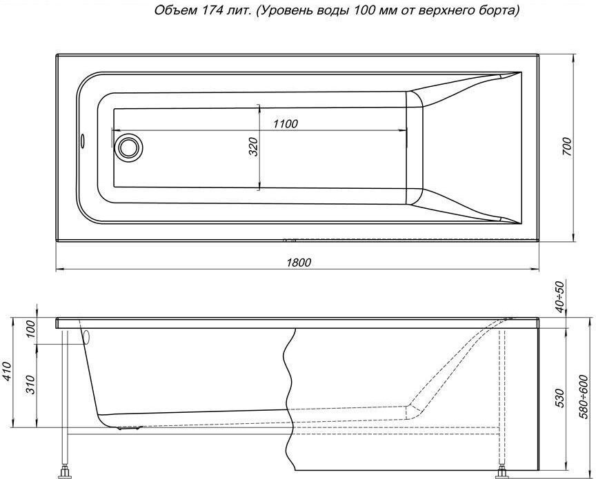 Aquanet Bright 180*70 ванна акриловая прямоугольная с каркасом 00216662