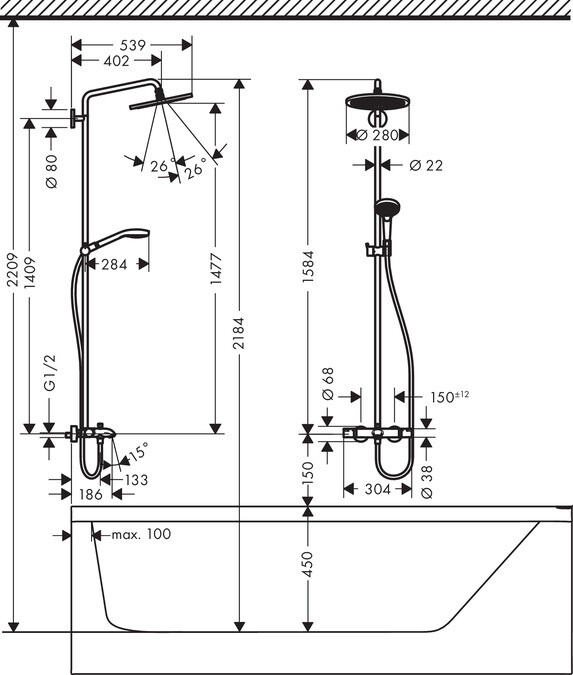 Hansgrohe Croma Select 280 Air 1jet 26792000 Душевая система с изливом
