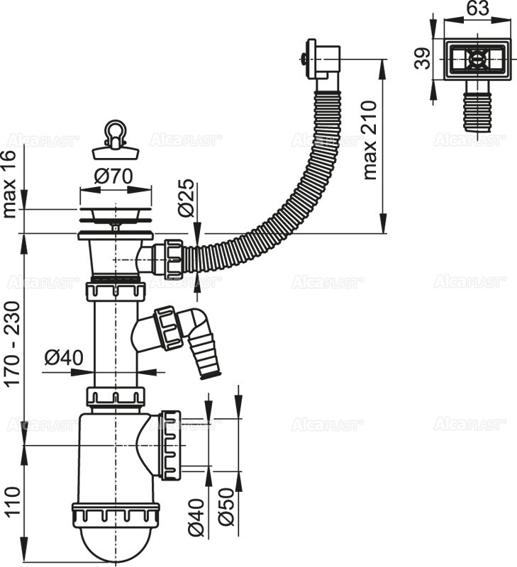Alca Plast A444P-DN50/40 Сифон для мойки с нержавеющей решеткой