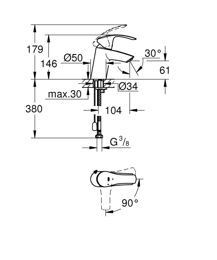 Grohe Eurosmart New 23372002 смеситель для раковины с цепочкой 35 мм