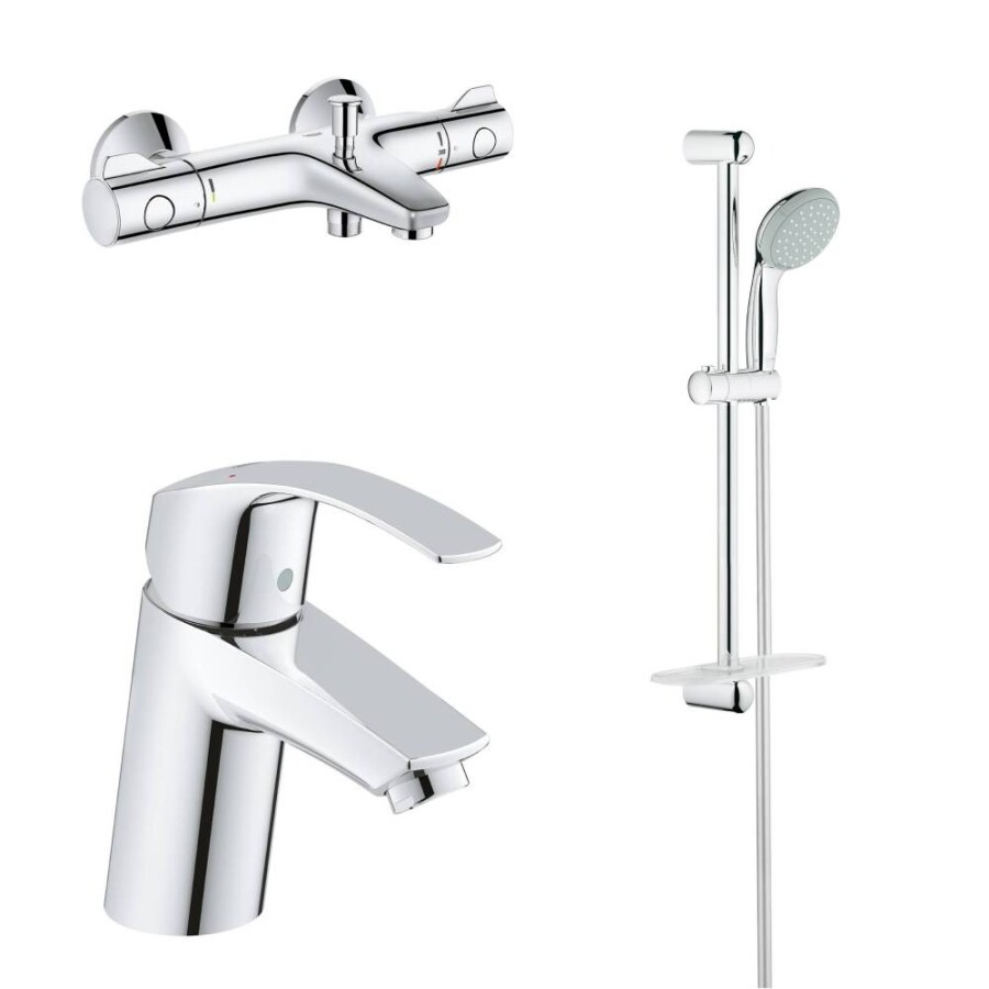 Grohe 124422 набор для ванны: смеситель для раковины, термостатический смеситель для ванны, душевой гарнитур
