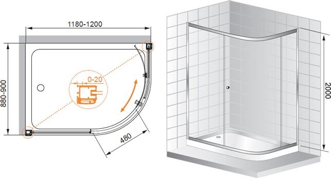 Cezares ANIMA-W-RH-1-120/90-P-Cr душевое ограждение 120*90*200