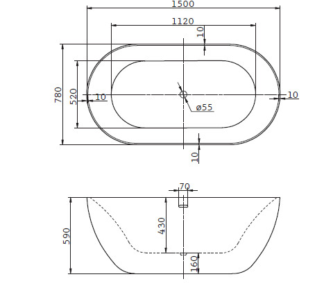 BelBagno BB27 150*78 ванна акриловая овальная