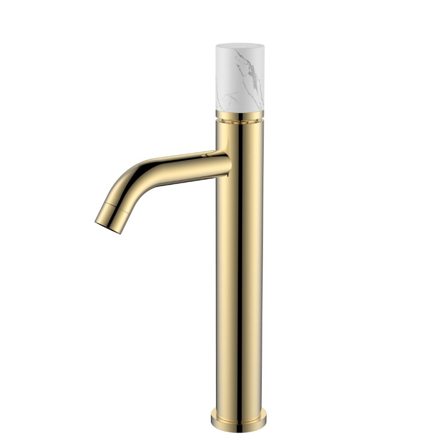 Смеситель для раковины высокий Boheme Stick Золото ручка Белый Мрамор 122-G-MR-WHITE