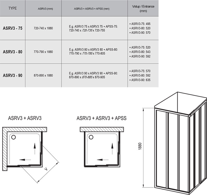 Ravak Supernova ASRV3+ASRV3 15V70102Z1 душевое ограждение 90*188