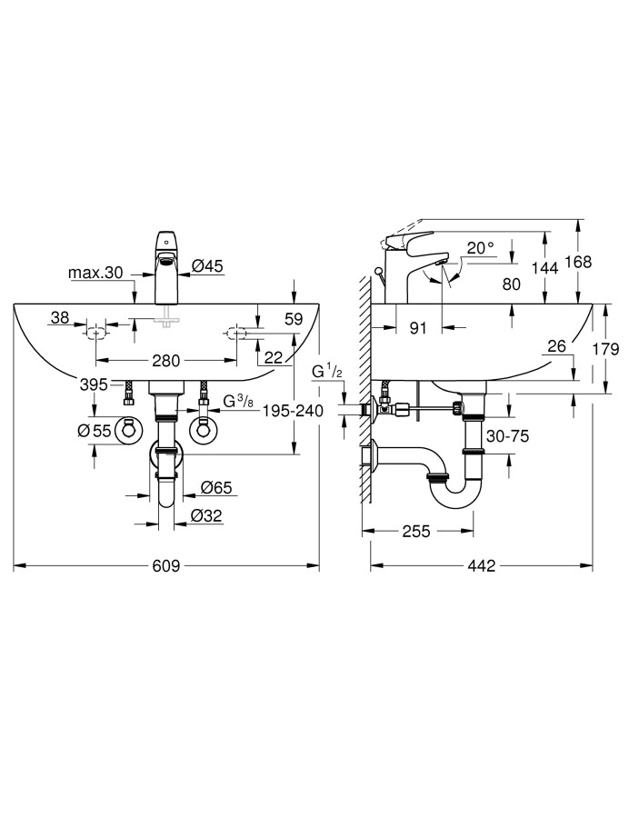Grohe Bau Ceramic 39472000 набор для ванной раковина, смеситель StartFlow и сифон