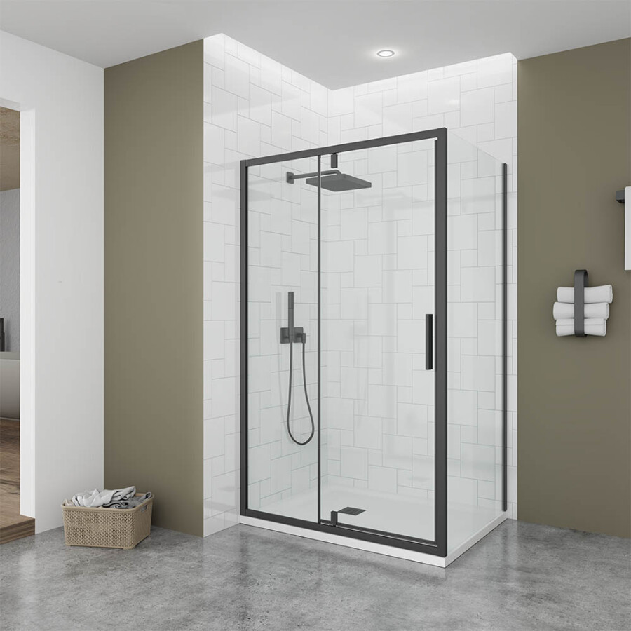 Душевой угол Veconi Ottimo P20 B-SP (100×100×190) распашная, профиль чёрный матовый, стекло прозрачное OP20B-SP-100100-01-C9