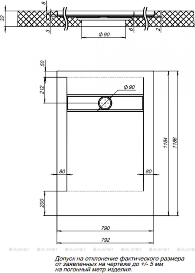 Aquanet Pleasure 120*80*3 душевой поддон литьевой мрамор серый