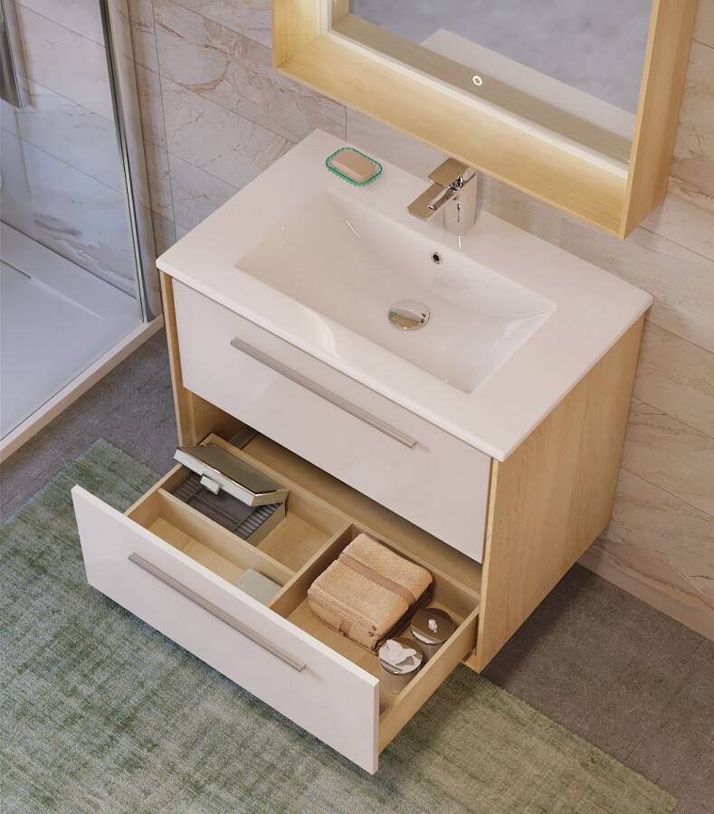 Raval Frame 75 тумба Fra.01.75/P/W-DS с раковиной QDR75SLWB01 подвесная, дуб сонома