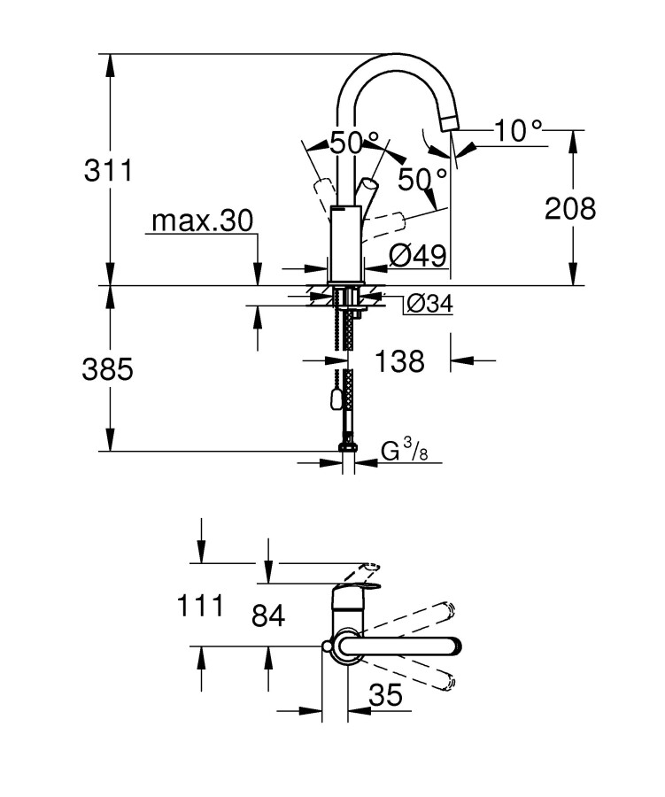 Grohe Eurosmart New 23743002 смеситель для раковины с цепочкой 28 мм