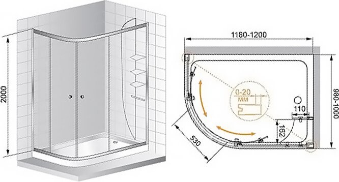 Cezares ANIMA-W-RH-2-120/100-C-Cr-R душевое ограждение 120*100*200