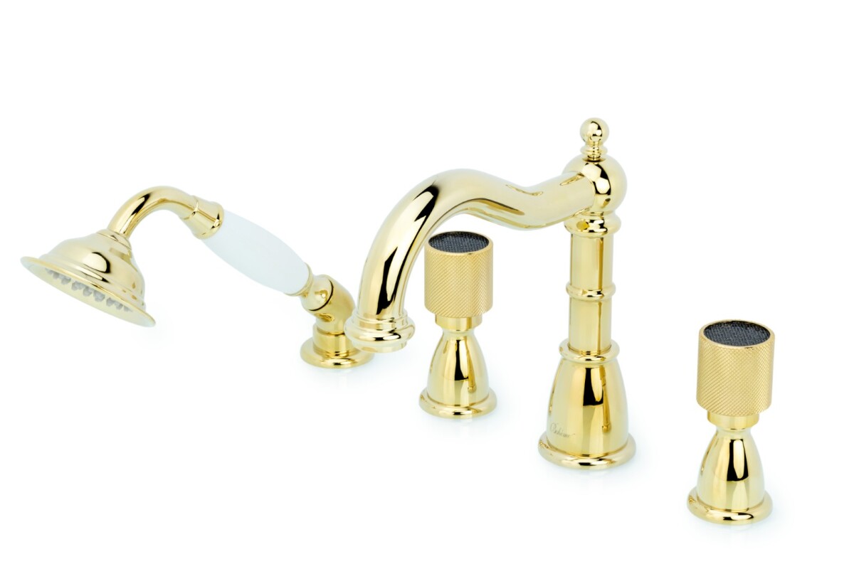 Смеситель врезной на 4 отв., на борт ванны Boheme Royal Cristal black Золото 395-Royal/CRST black