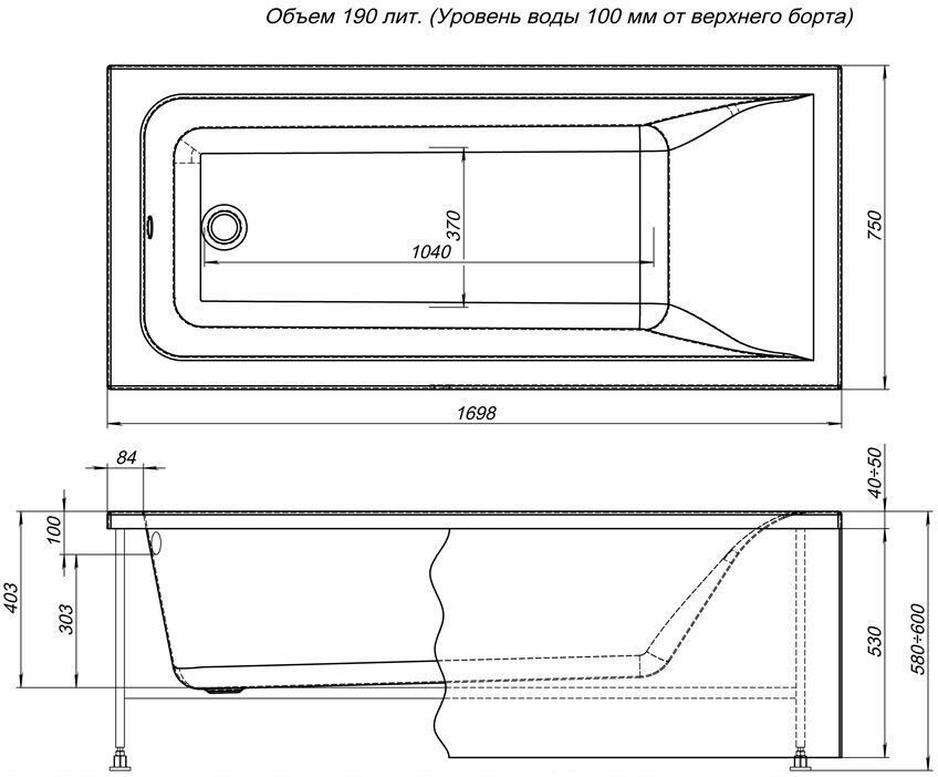 Aquanet Bright 170*75 ванна акриловая прямоугольная с каркасом 00233141