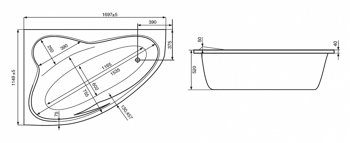 Roca Luna ванна акриловая 170х115 см правая 7.2486.4.100.0