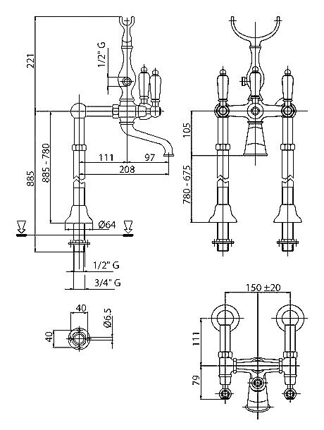 Cezares First FIRST-VDP-03/24-Bi смеситель для ванны напольный золото
